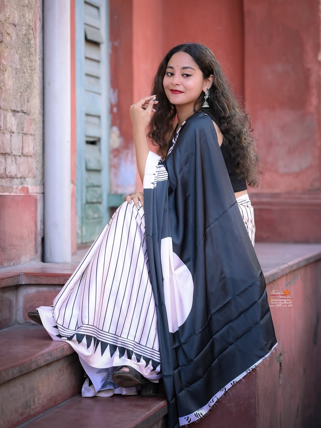 New One Minute Ready To Wear Digital Printed Crape Silk Black and White Saree