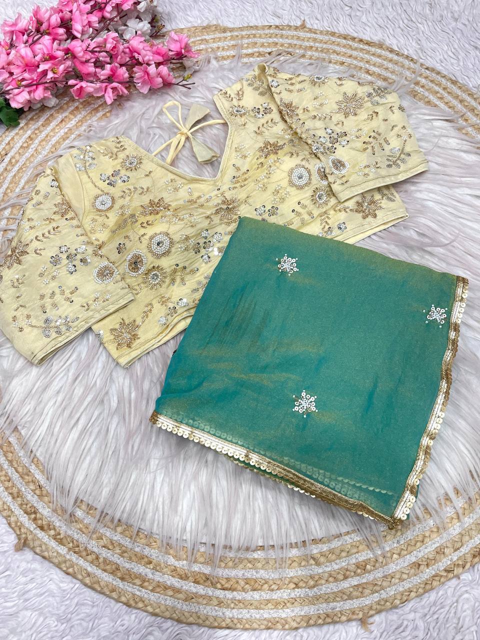 New Designer NC Moss Sattin Saree With All Over Birts Sequence Butti Work - Teal Green