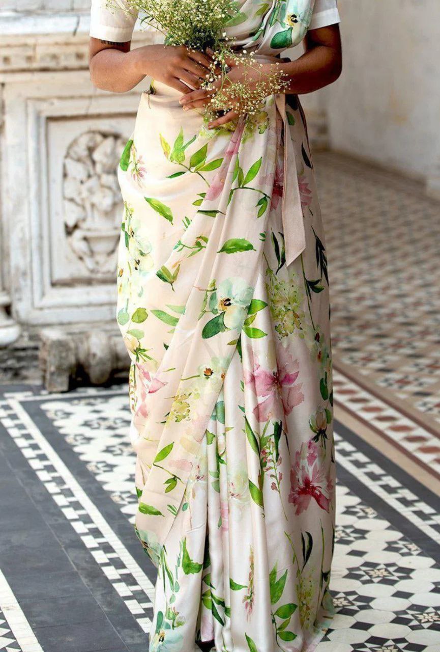 New Designer Original Japan Satin Leaf Flower Printed White Saree With Digital Printed Unstiched Blouse Piece