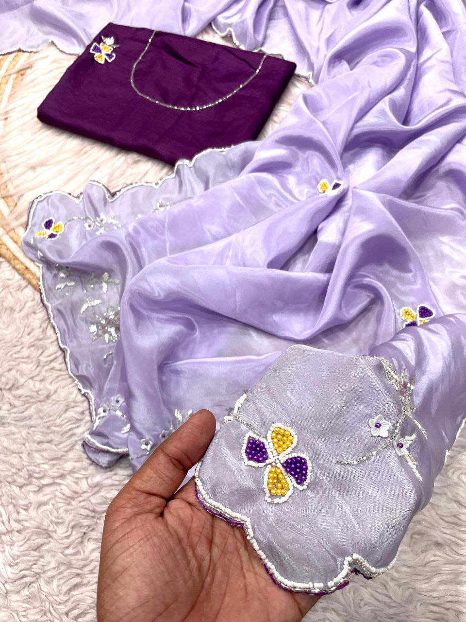 New Designer HO Silk Saree With Arco Border Cutdana Hand Work - Purple