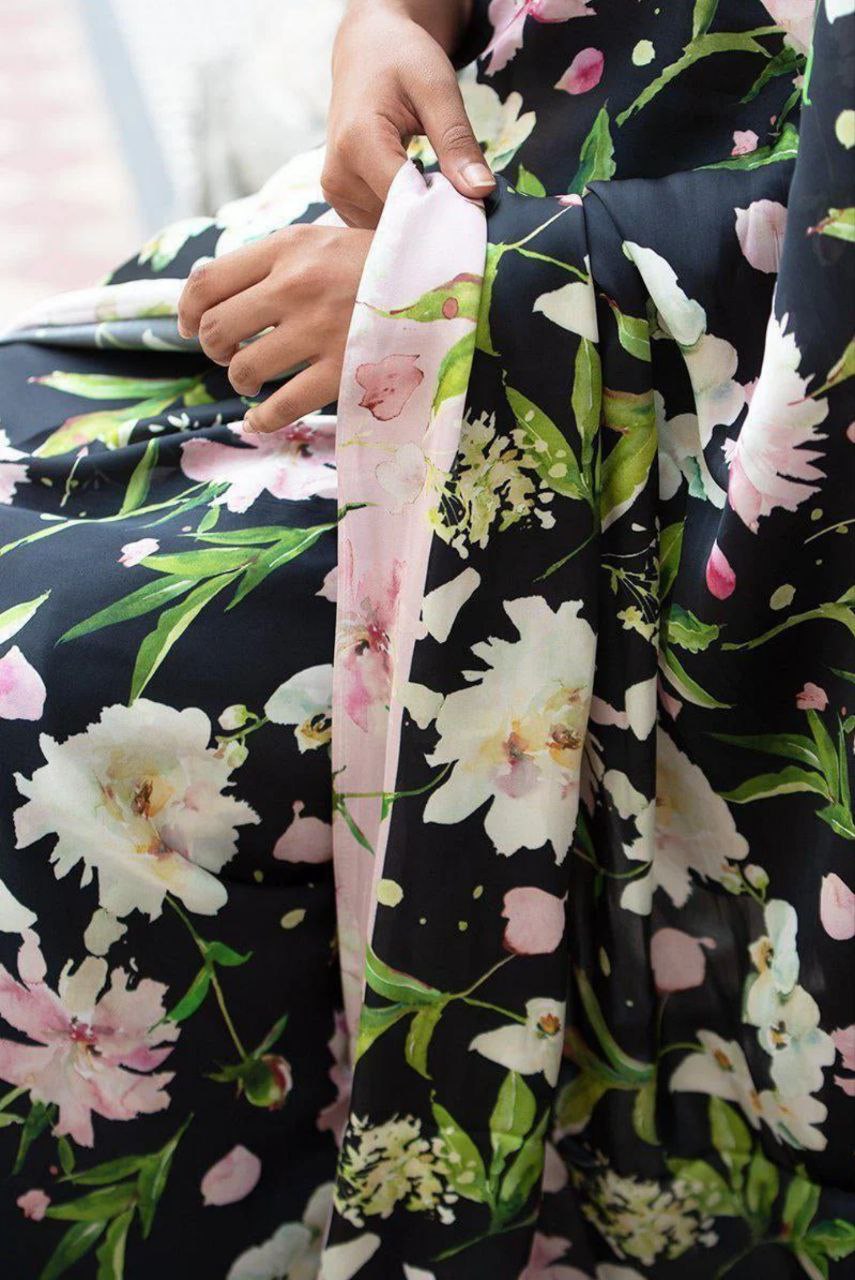New Designer Original Japan Satin Leaf Rose Flower Printed Black Saree With Digital Printed Unstiched Blouse Piece