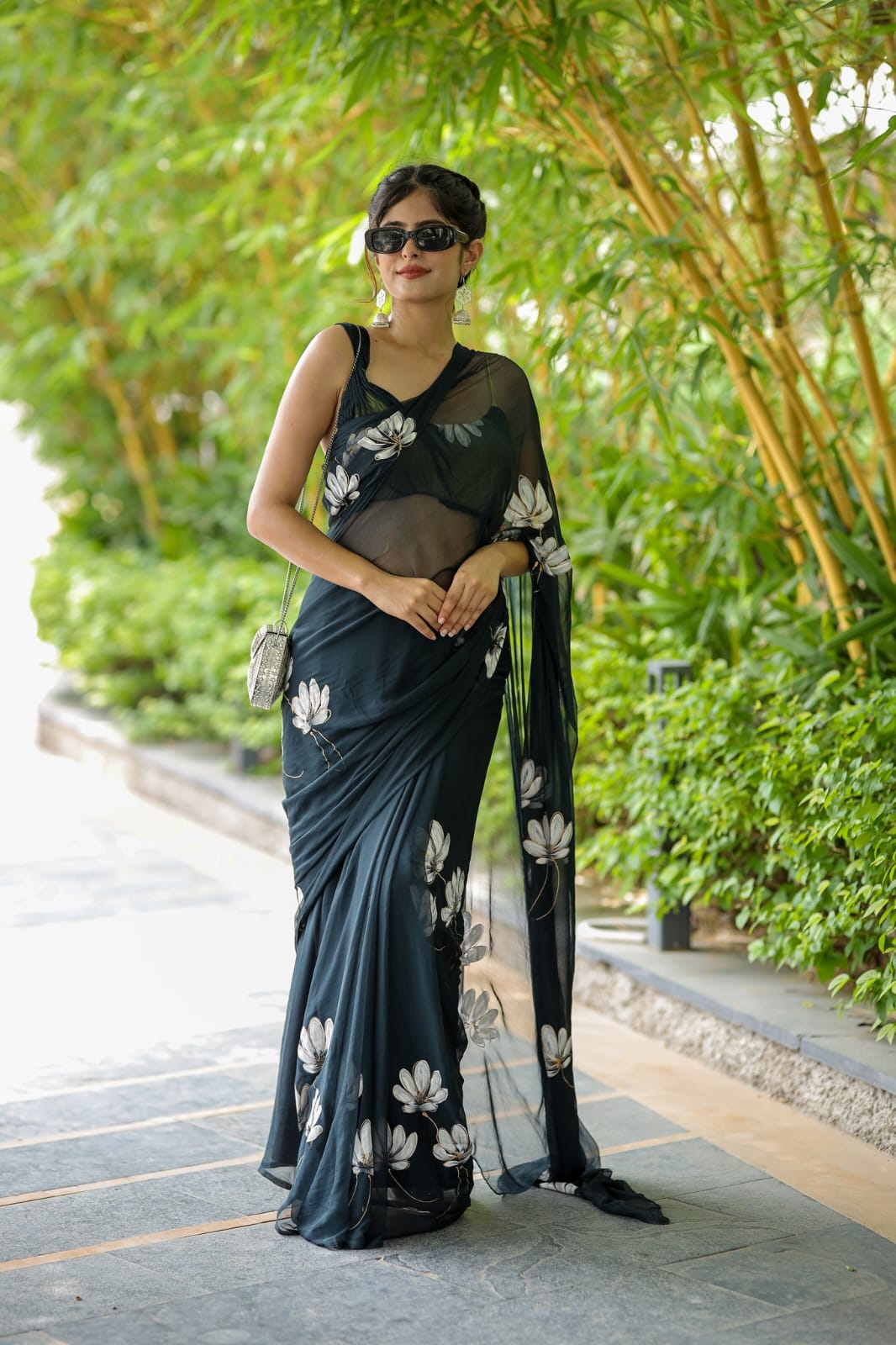 New One Minute Ready To Wear Pure Soft Georgette Silk Flower Designed Black Saree With Same Model  Unstiched Blouse Piece