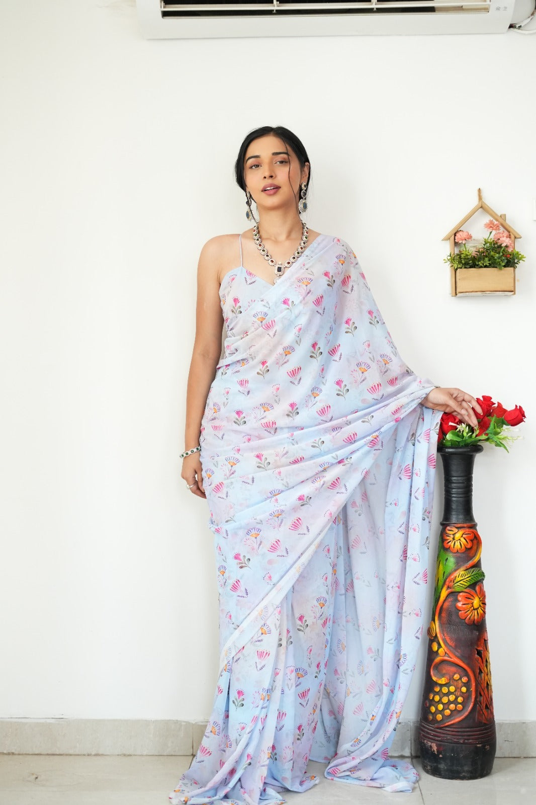 New One Minute Ready To Wear  Pure Soft Georgette Silk Multi Flower Design Light Blue Saree Along With Same Colour Unstiched Blouse Piece