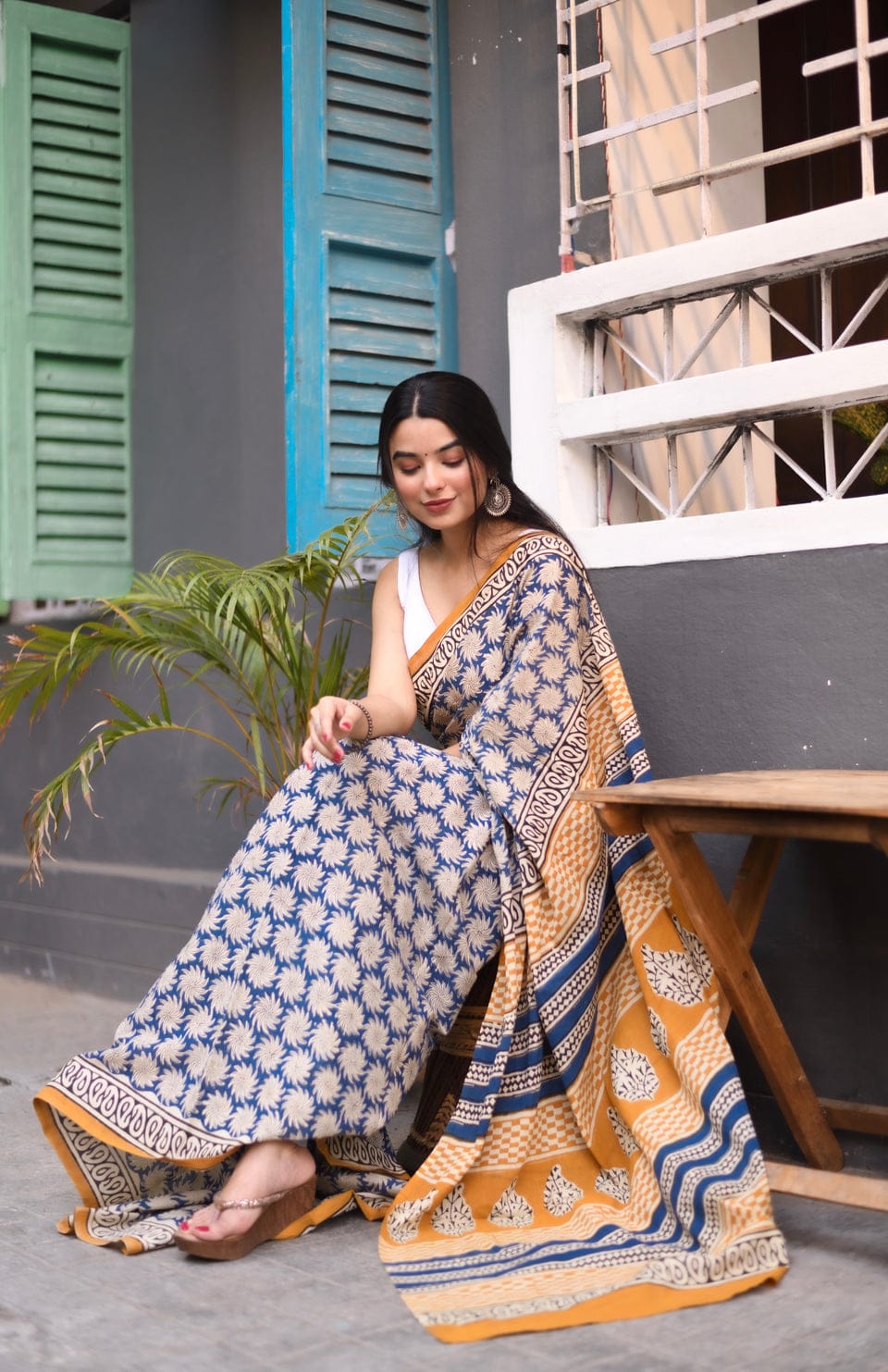 New One Minute Ready To Wear flower Printed Pure Soft Mul Cotton Silk Blue-Yellow Saree With  Pocket