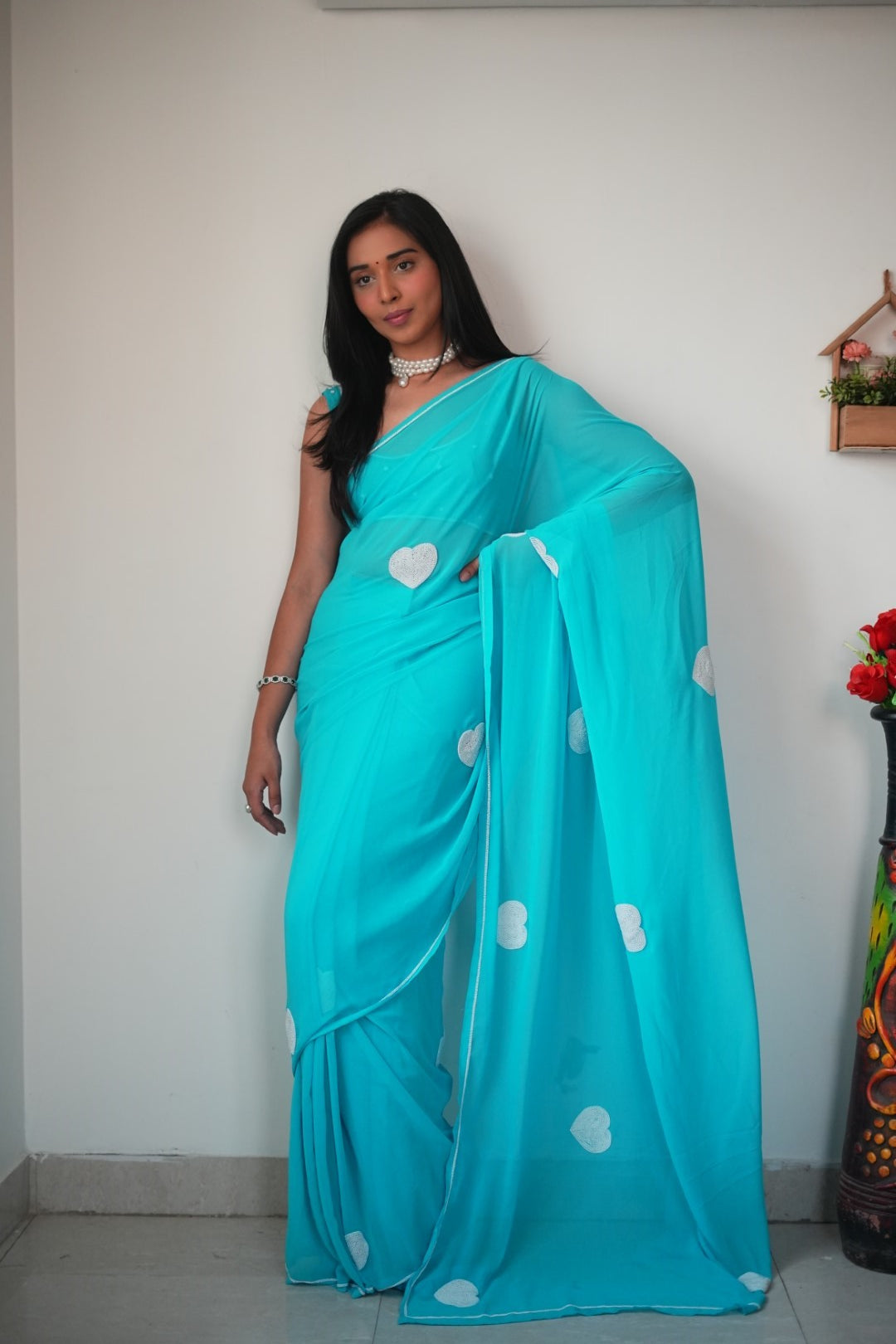 New One Minute Ready To Wear White Heart Embroideried Pure Soft Georgette Silk Ocean blue Saree