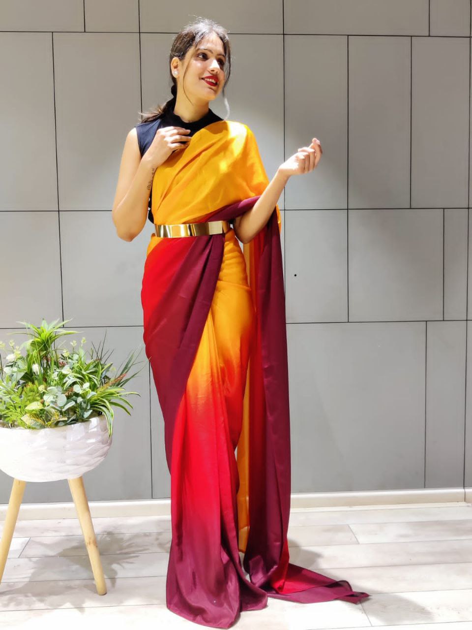 New One Minute Ready Wear Red-Yellow Dual Tone Georgette Saree