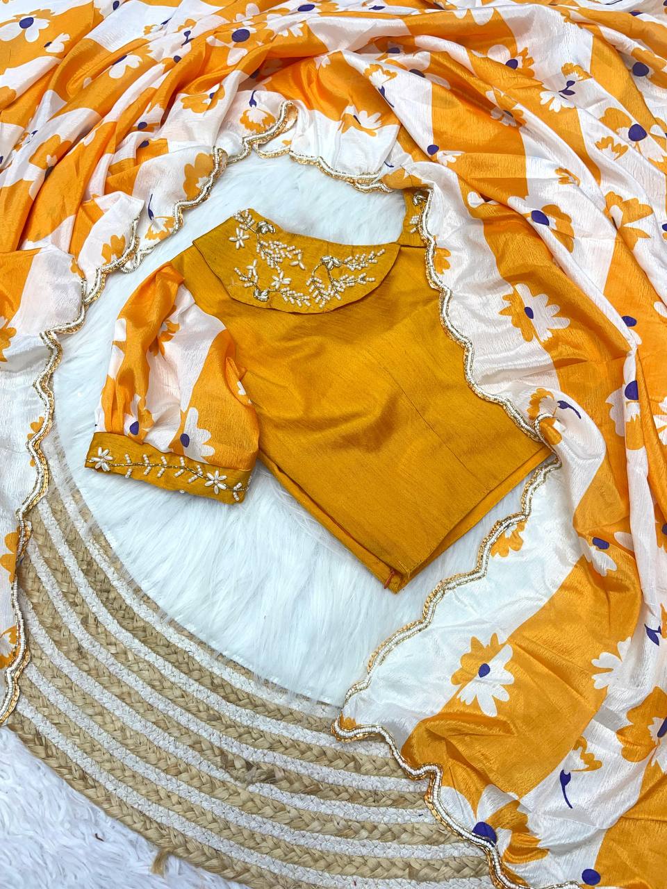 New Designer Digital Printed Chinnon Saree - Yellow