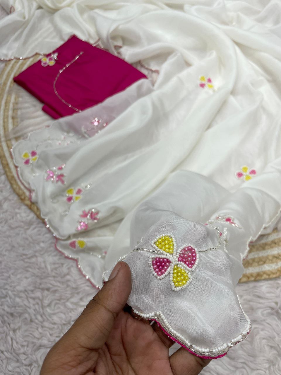 New Designer HO Silk Saree With Arco Border Cutdana Hand Work - White