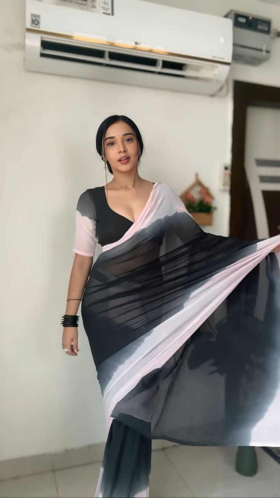 New One Minute Ready To Wear Pure Soft Georgette Silk Pink And Black Padded Designed Saree With Same Model  Unstiched Blouse Piece
