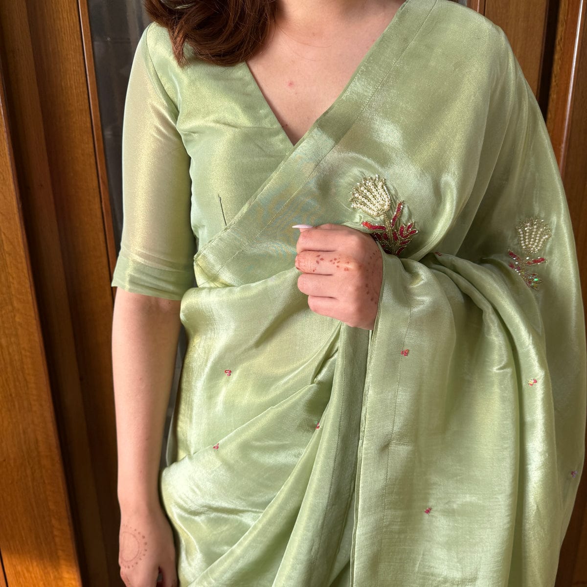 New One Minute Ready To Wear Pure Soft Malai Satin Silk Saree With Beautiful Hand worked Flower with Same Model Patern Stiched Blouse