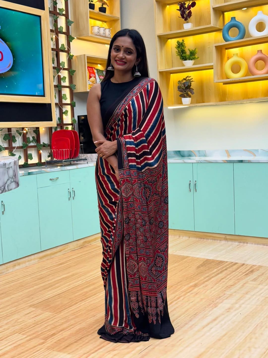 New One Minute Ready To Wear  Digital Printed Crape Silk Red-Black-Blue Saree