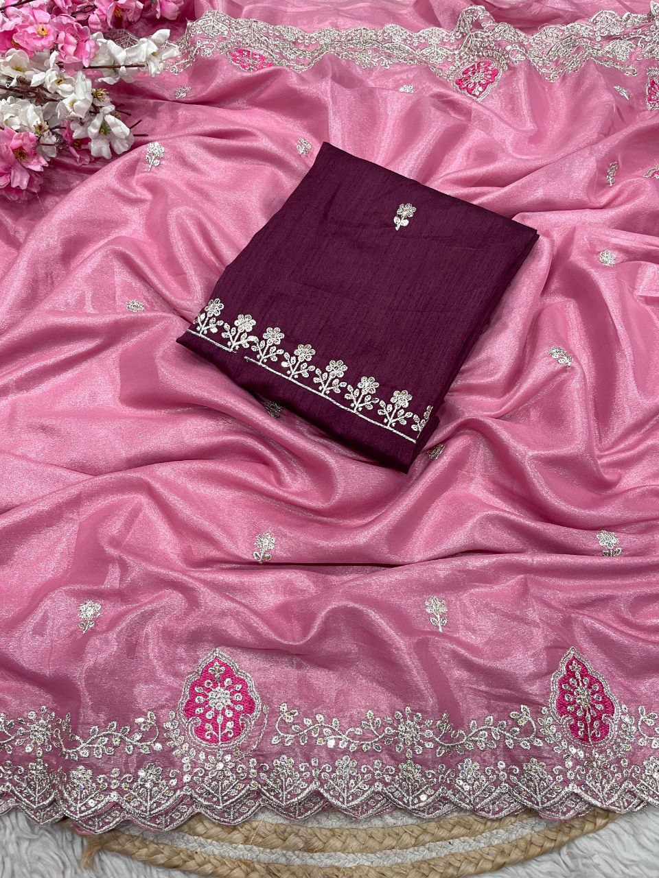 New Designer Blooming Chocolate Silk Saree With Multi Embroidery work - Pink