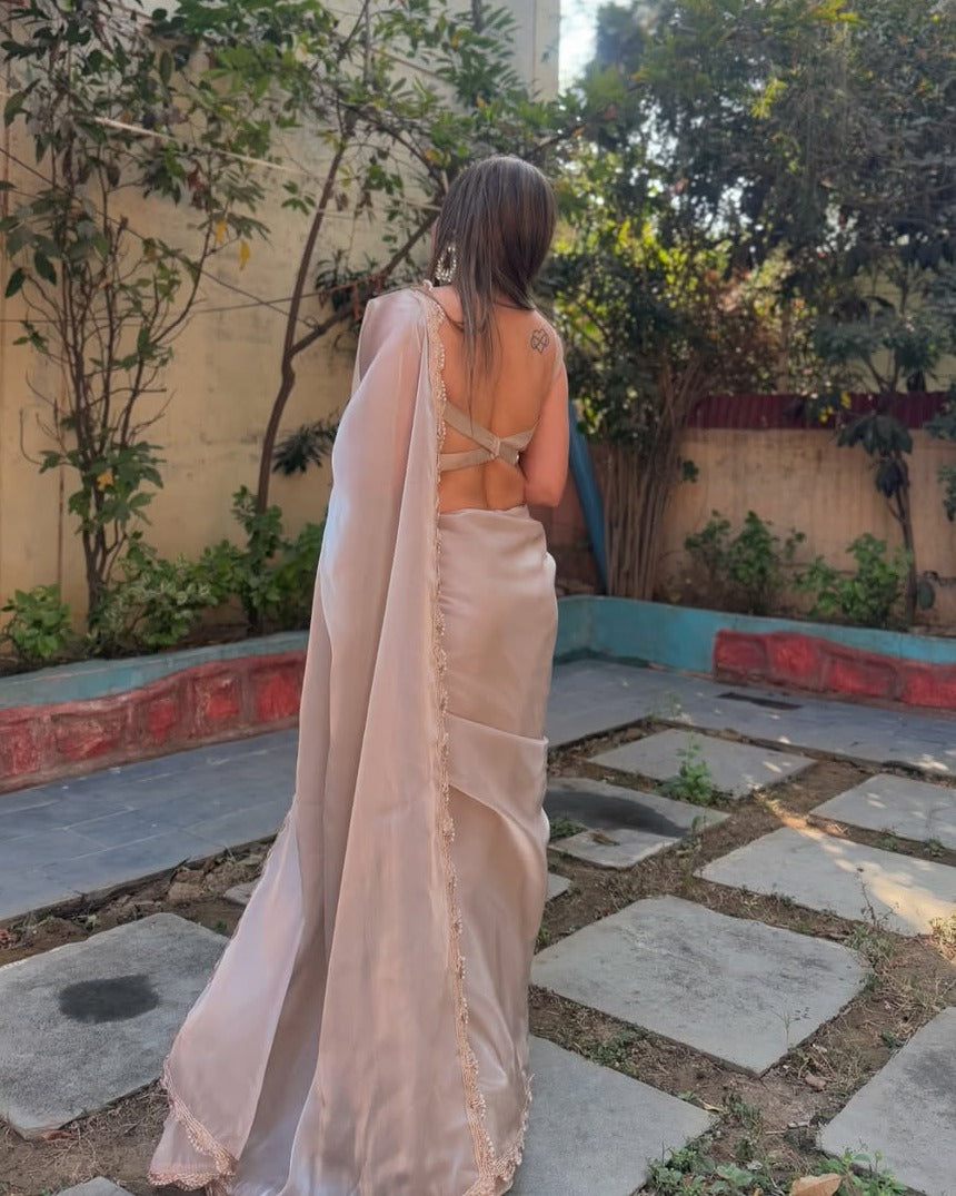 New One Minute Ready To Wear Pure Soft Jimichoo Silk Chocolate Colour Saree With Beautiful Lace Border Along with Same Stiched Blouse