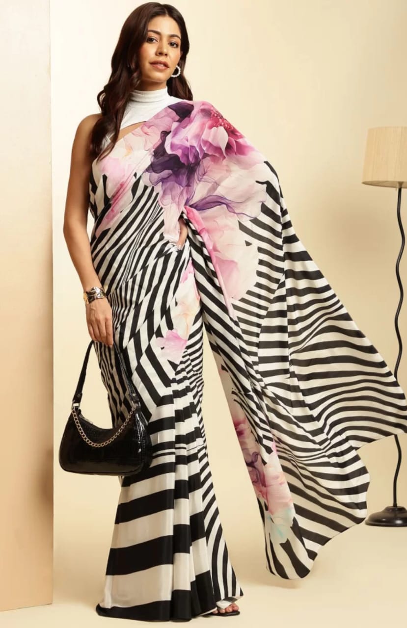 New Designer Original Japan Satin Devsena Zebra And Flower Print Saree With Digital Printed Unstiched Blouse Piece