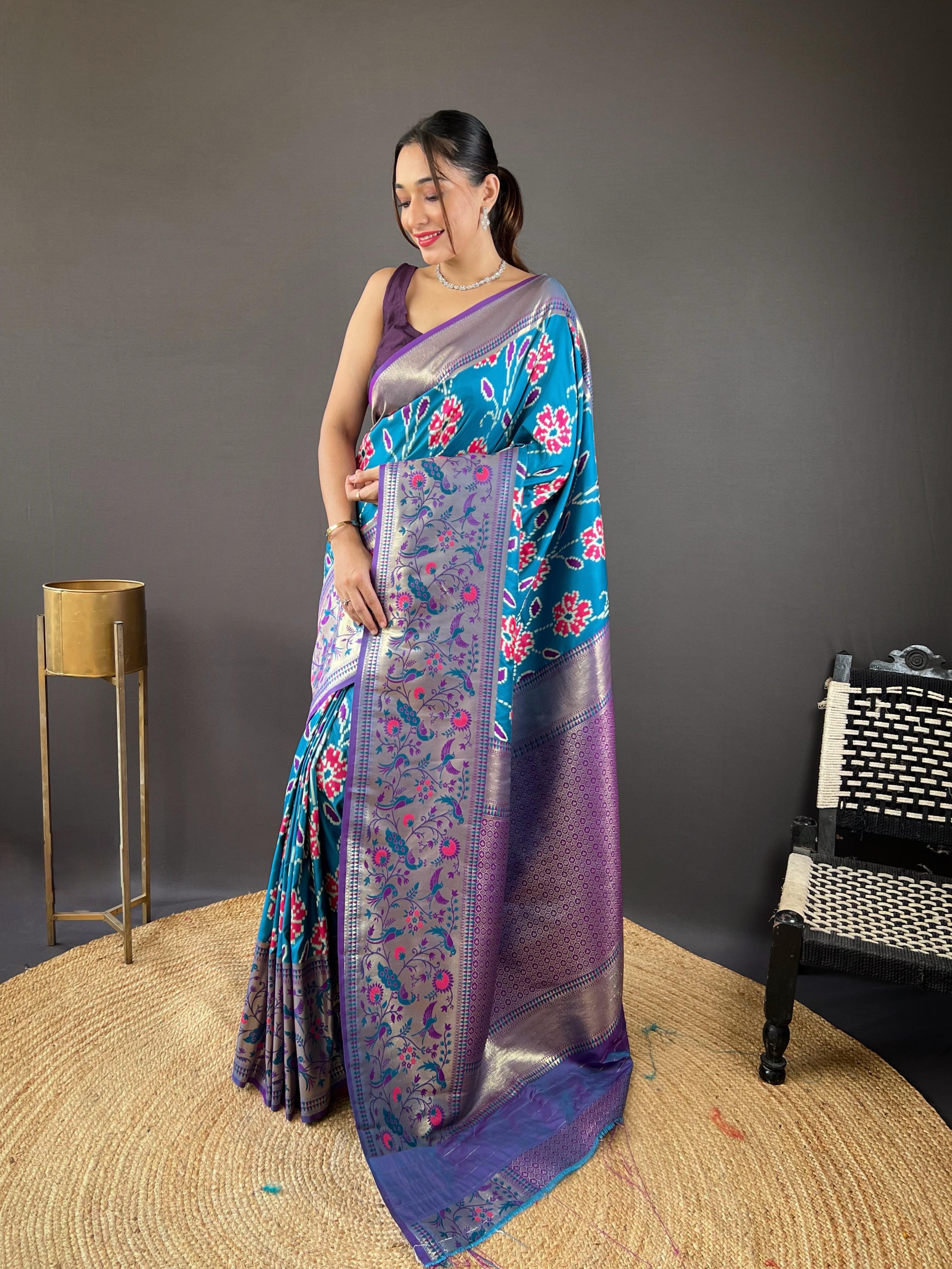New Designer Premium Soft Silk Patola Weaved Blue Saree With Unstiched Blouse Piece