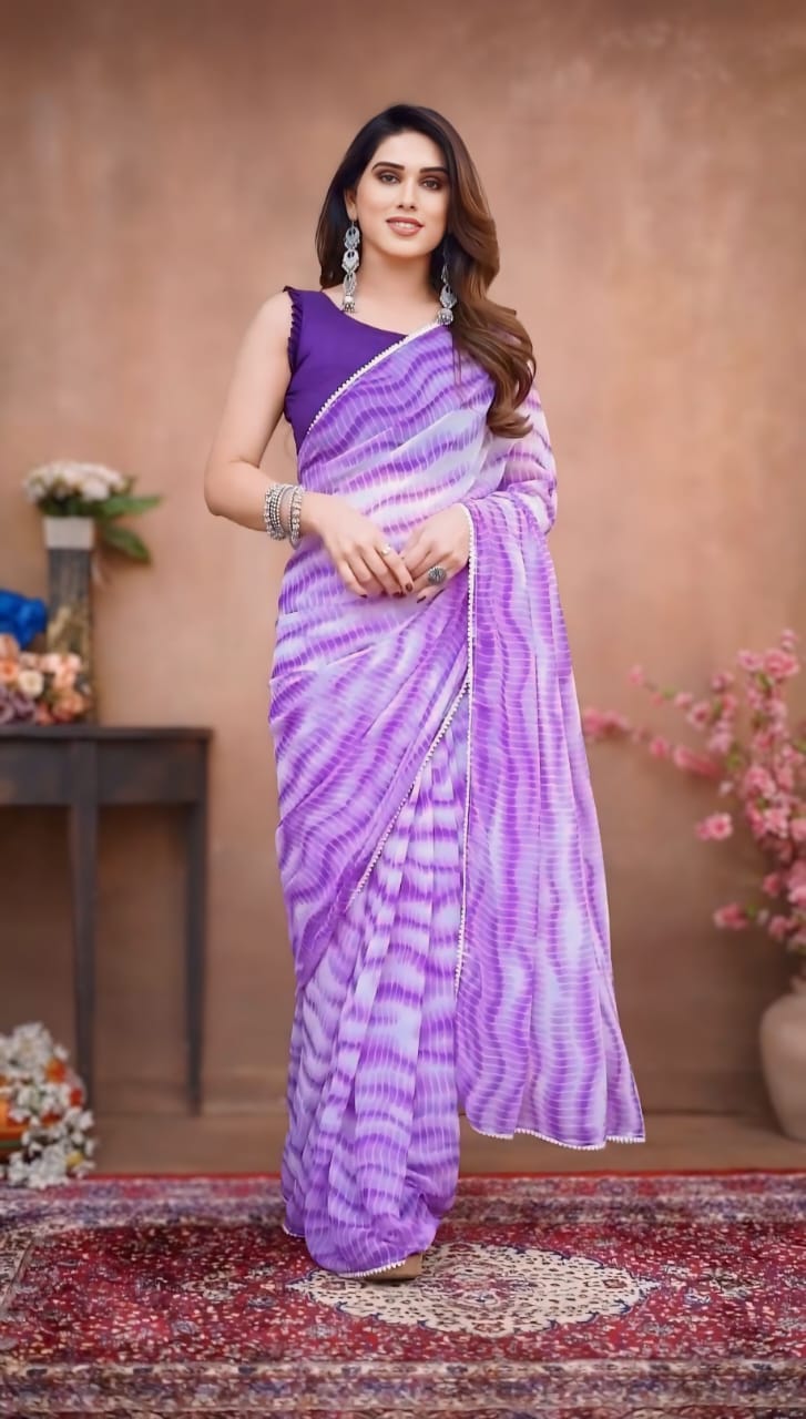 New One Minute Ready To Wear Laheriya Printed Pure Soft Georgette Silk Purple Saree Along With Embroidery Unstiched Blouse Piece