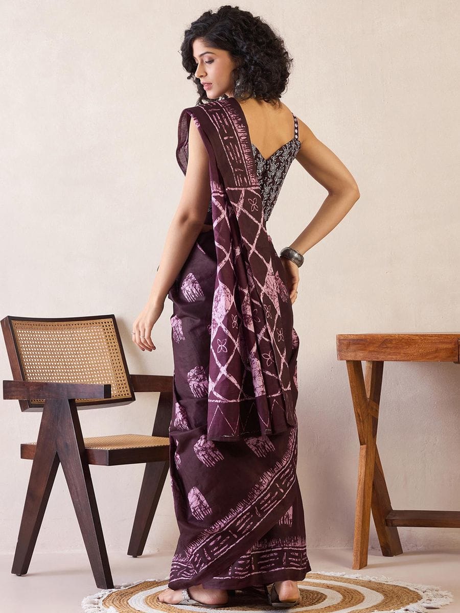 New One Minute Ready To Wear  Pure Soft Mul Cotton Silk Wine Saree With  Pocket Along With Running Unstiched Blouse Piece