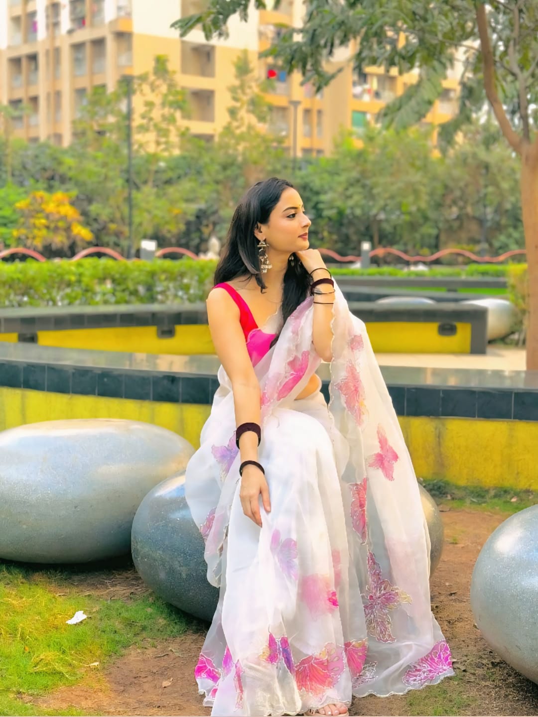 New One Minute Ready To Wear  Pure Soft Organza Silk Saree With Multicolour Butterfly Moti Handwork With Same Model Unstiched Blouse Piece