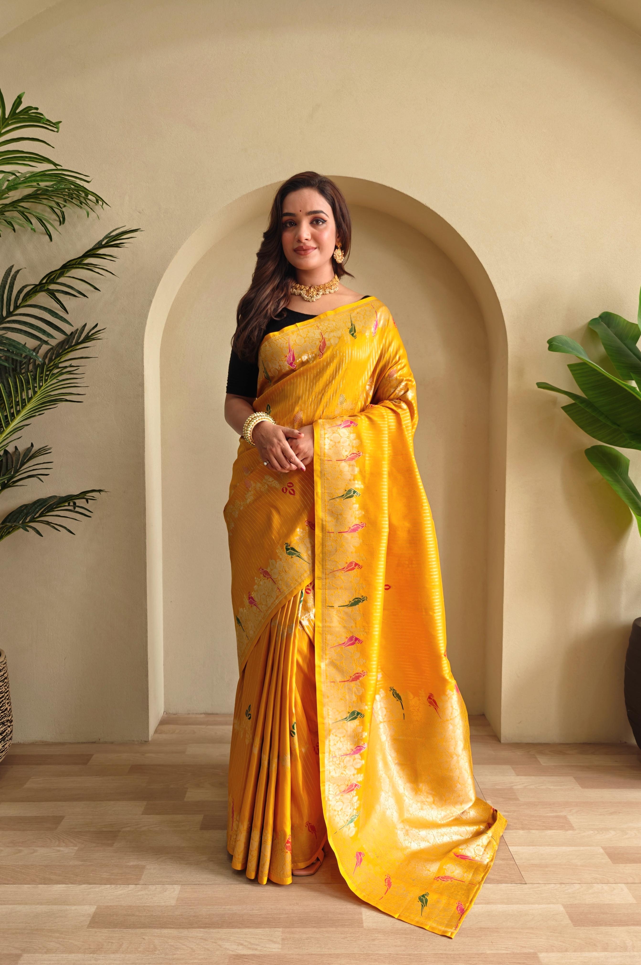 New Designer Banarasi Mushro Satin Silk Zari Weaved Yellow Saree With Unstiched Blouse Piece