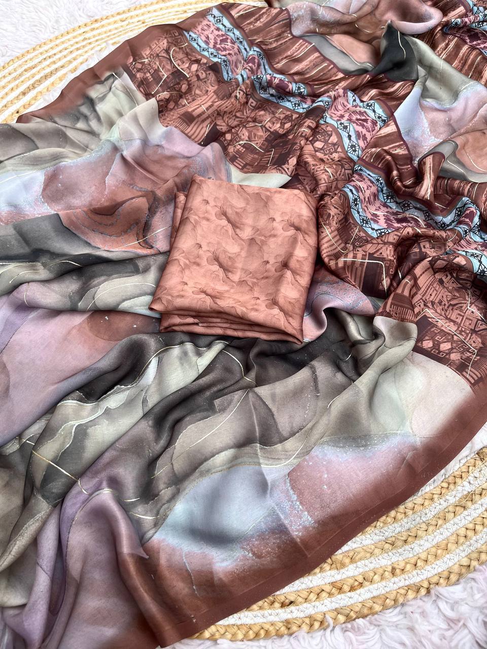 New Designer Bollywood Style Sattin Georgette Saree - Coffee Brown