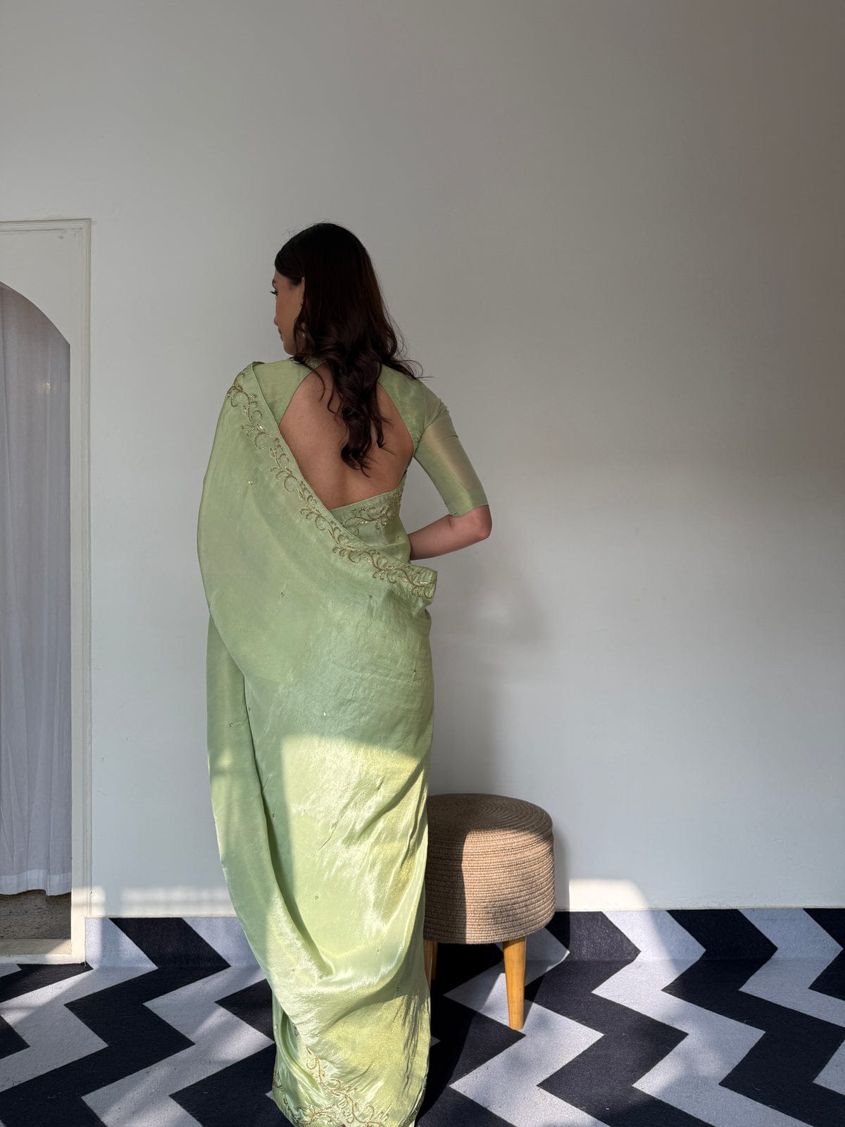 New One Minute Ready To Wear Pure Soft Malai Satin Silk Saree With Beautiful Cutdana Hand work with Same Model Patern Stiched Blouse