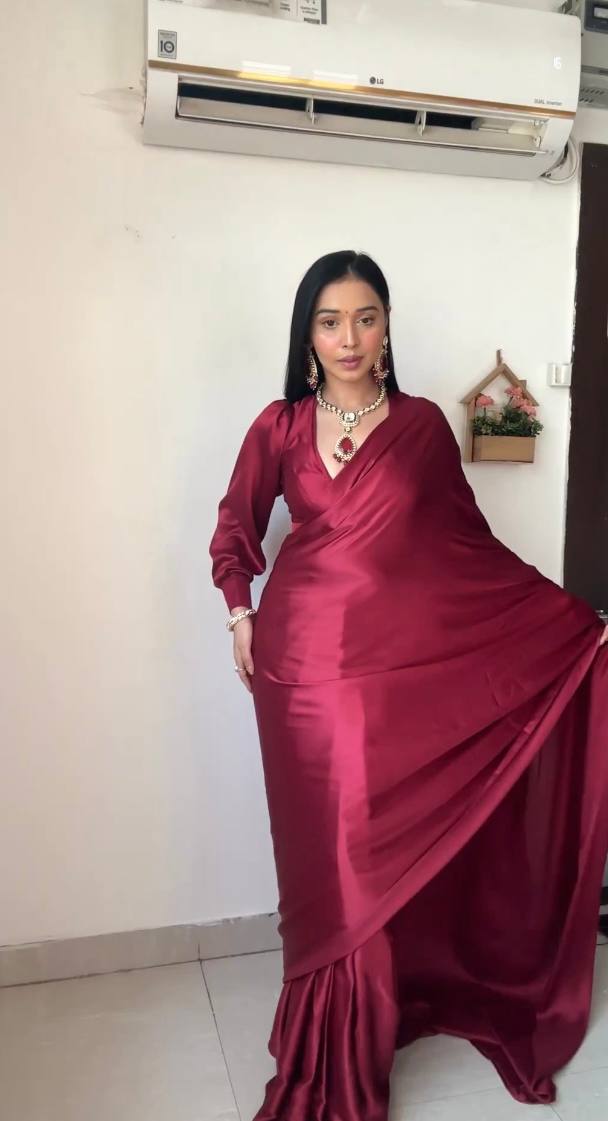 New One Minute Ready Wear Maroon Red Satin Saree