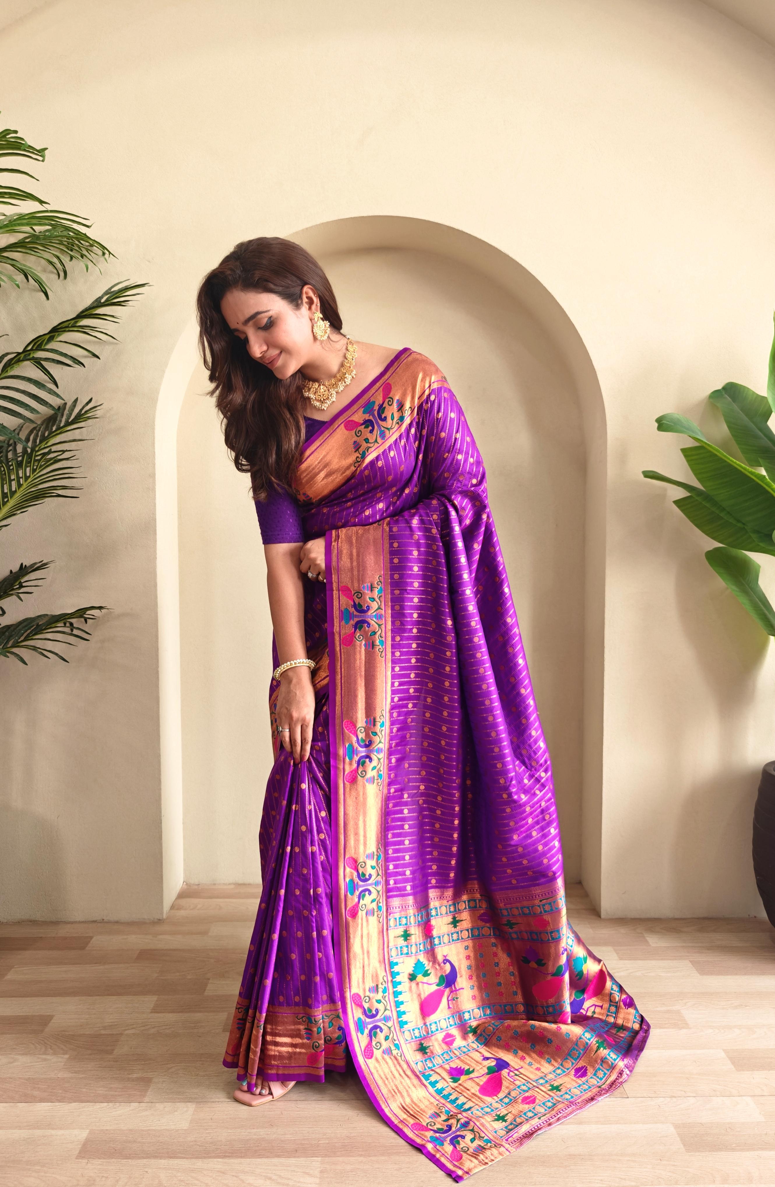 New Designer Premium Paithani Dark Purple Saree With Rich Weaved Paithani Pallu Along With All Over Polka Design With Contrast Unstiched Blouse Piece