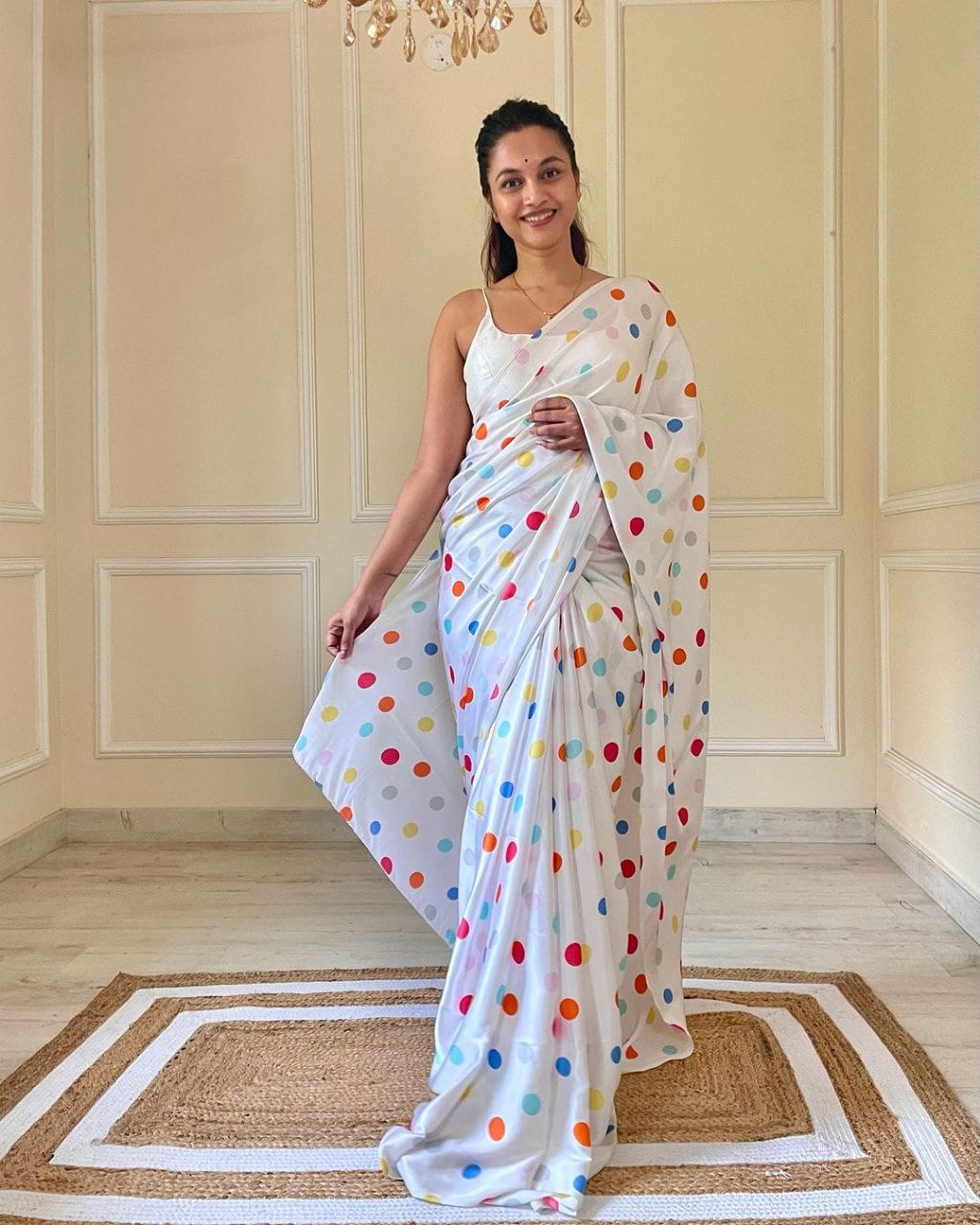 New Designer Original Japan Satin Multi Colour Polka dotted White Saree With Digital Printed Unstiched Blouse Piece