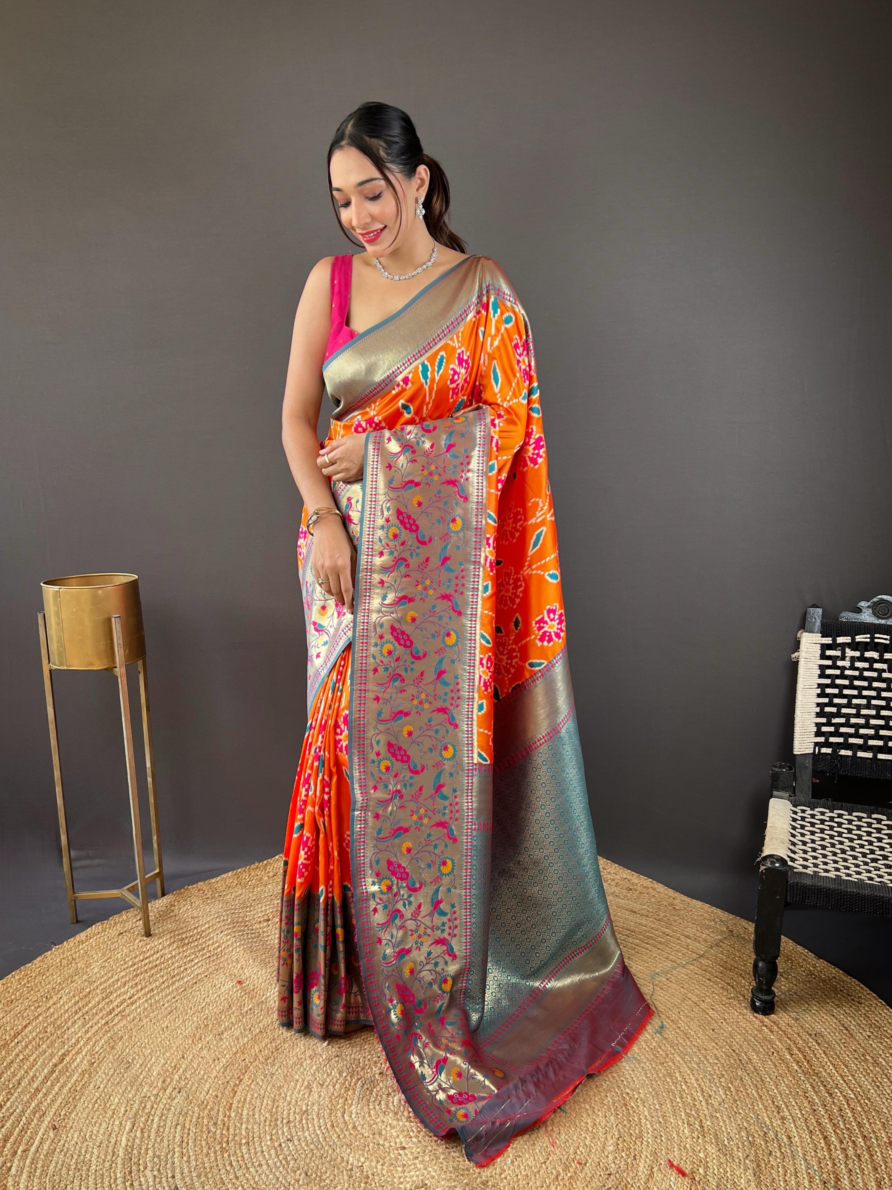 New Designer Premium Soft Silk Patola Weaved Orange Saree With Unstiched Blouse Piece
