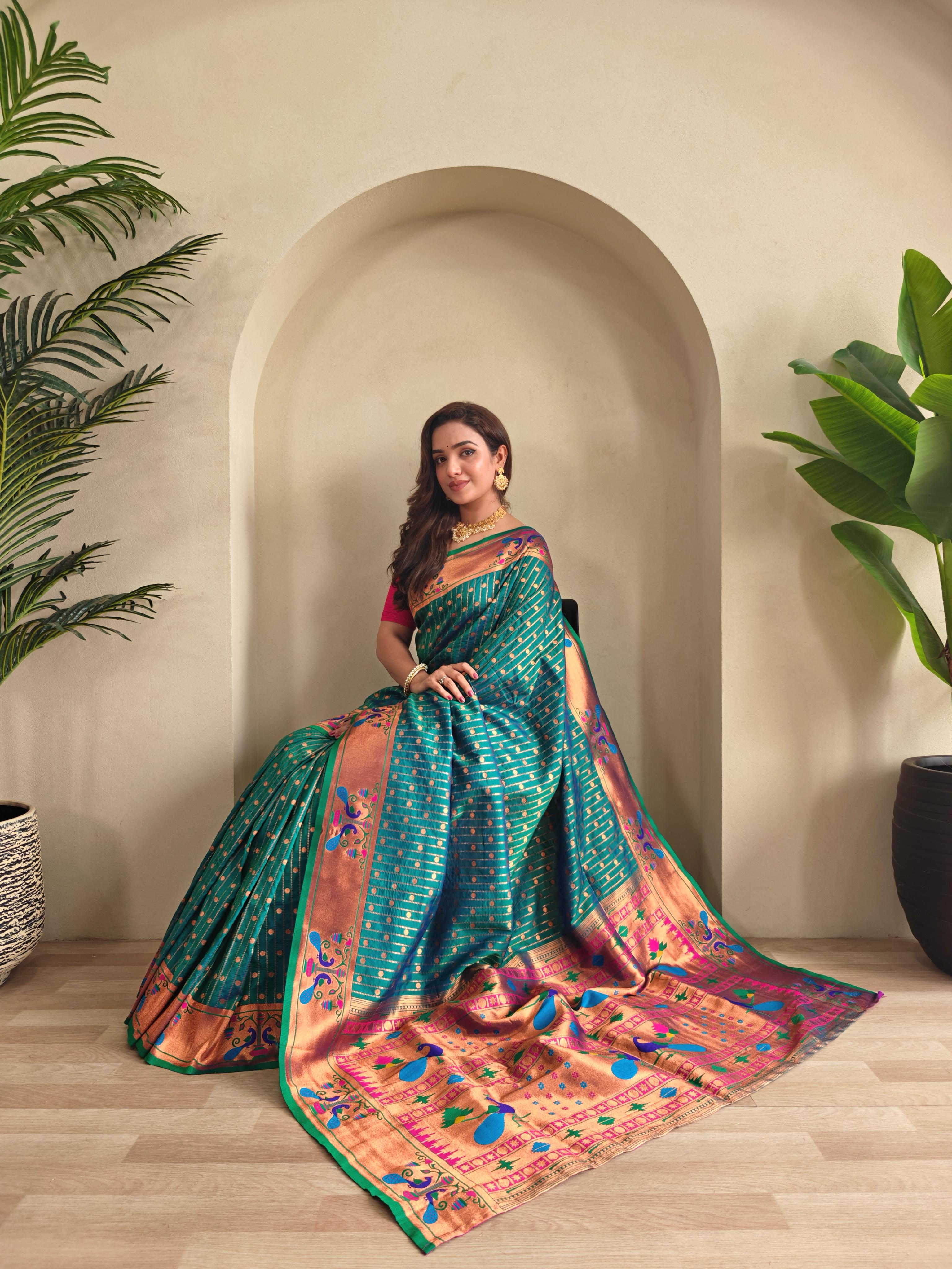 New Designer Premium Paithani Teal Blue Saree With Rich Weaved Paithani Pallu Along With All Over Polka Design With Contrast Unstiched Blouse Piece