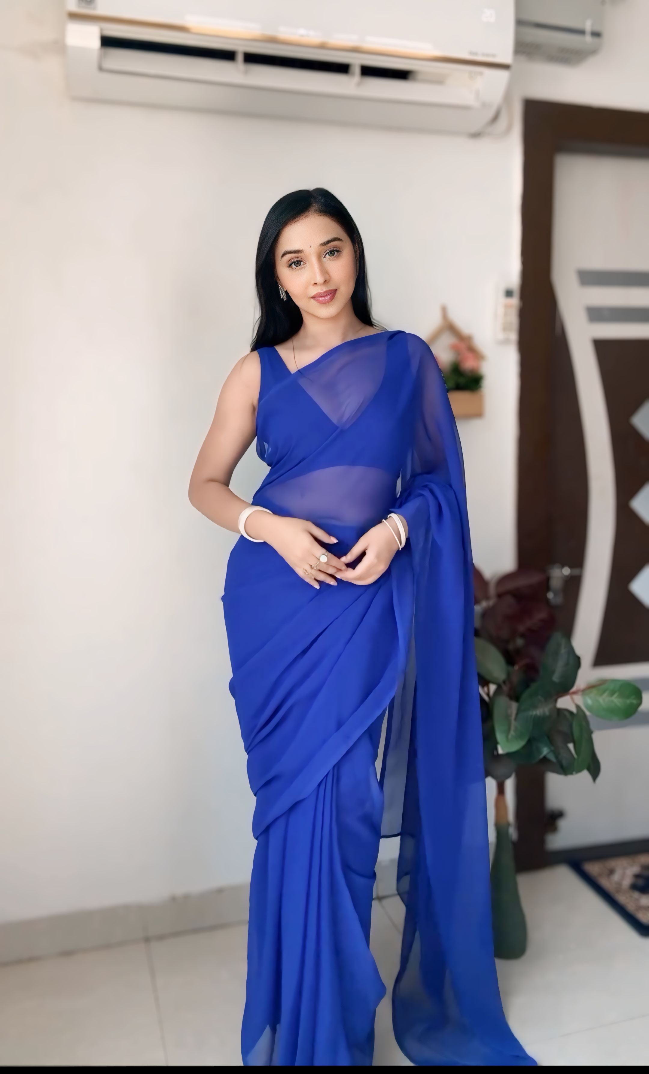 New One Minute Ready Wear Royal Blue Georgette Saree
