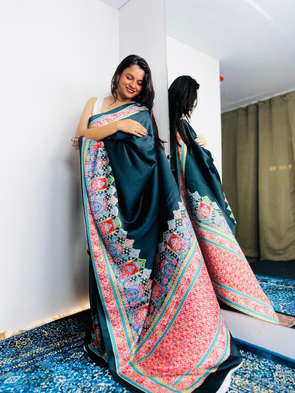 New Designer Premium Ajrakh Printed Black Satin Saree