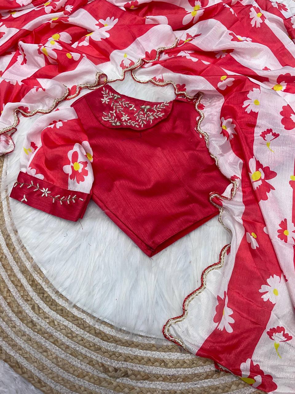 New Designer Digital Printed Chinnon Saree - Red