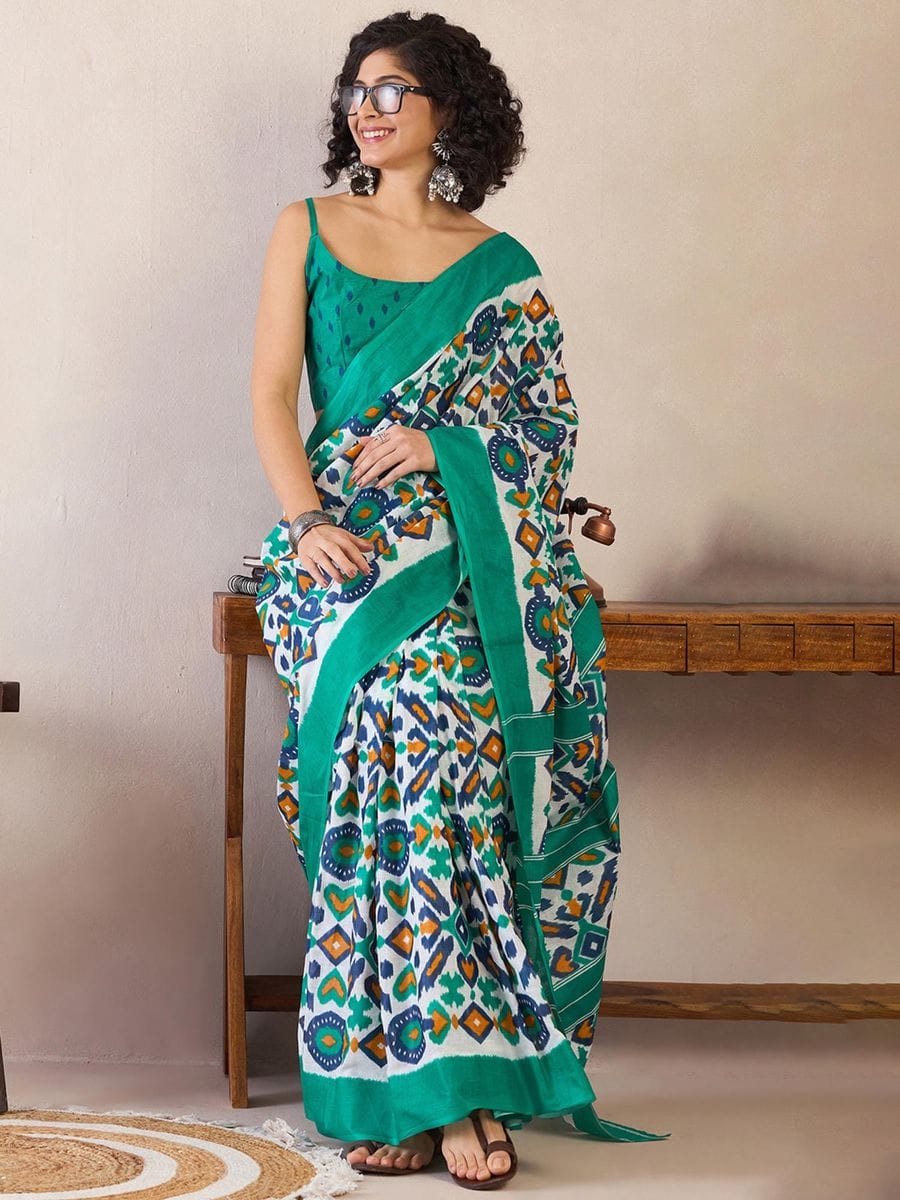 New One Minute Ready To Wear Flower Designed Pure Soft Mul Cotton Silk Teal Blue Bordered White Saree With  Pocket Along With Running Unstiched Blouse Piece