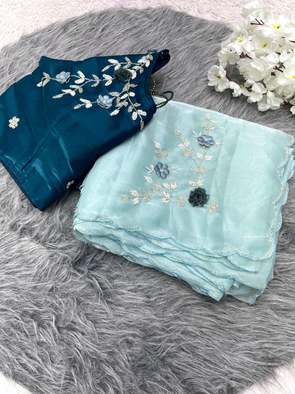 New Designer Jimmy Choo Satin Saree With Khatli Cutdana Handwork - Light Teal Blue