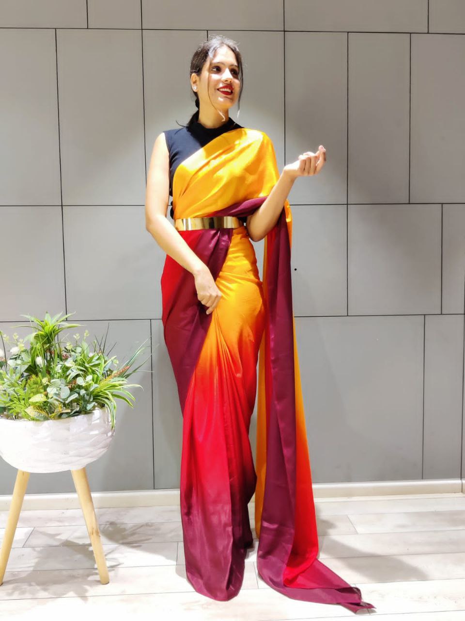New One Minute Ready Wear Red-Yellow Dual Tone Georgette Saree