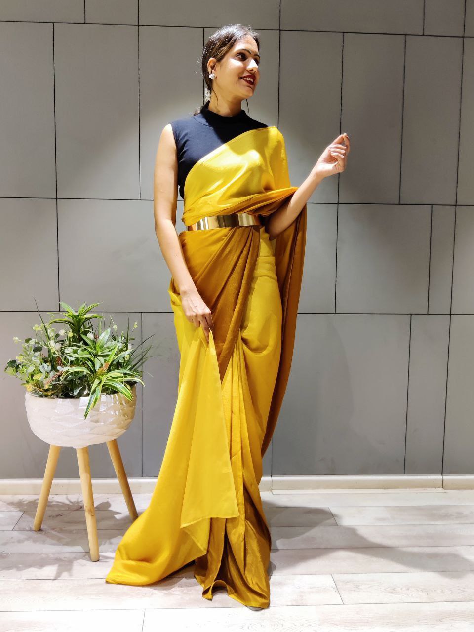 New One Minute Ready Wear Dual Yellow Tone Georgette Saree