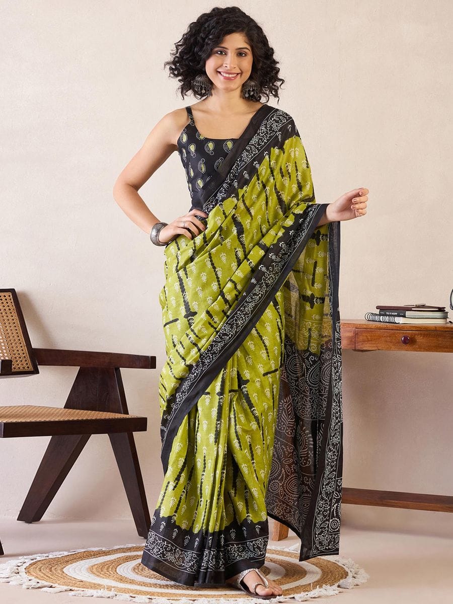 New One Minute Ready To Wear Flower Designed Pure Soft Mul Cotton Silk Mehendi Green Saree With  Pocket Along With Same Model  Unstiched Blouse Piece