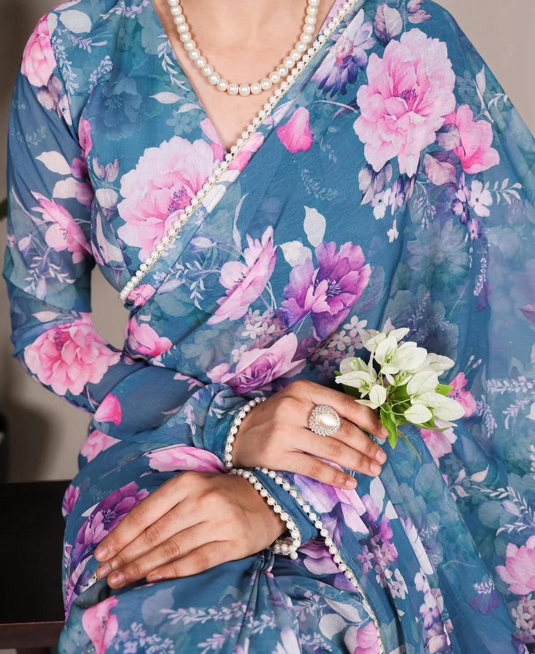 New Designer Digital Floral Printed Georgette Saree - Blue