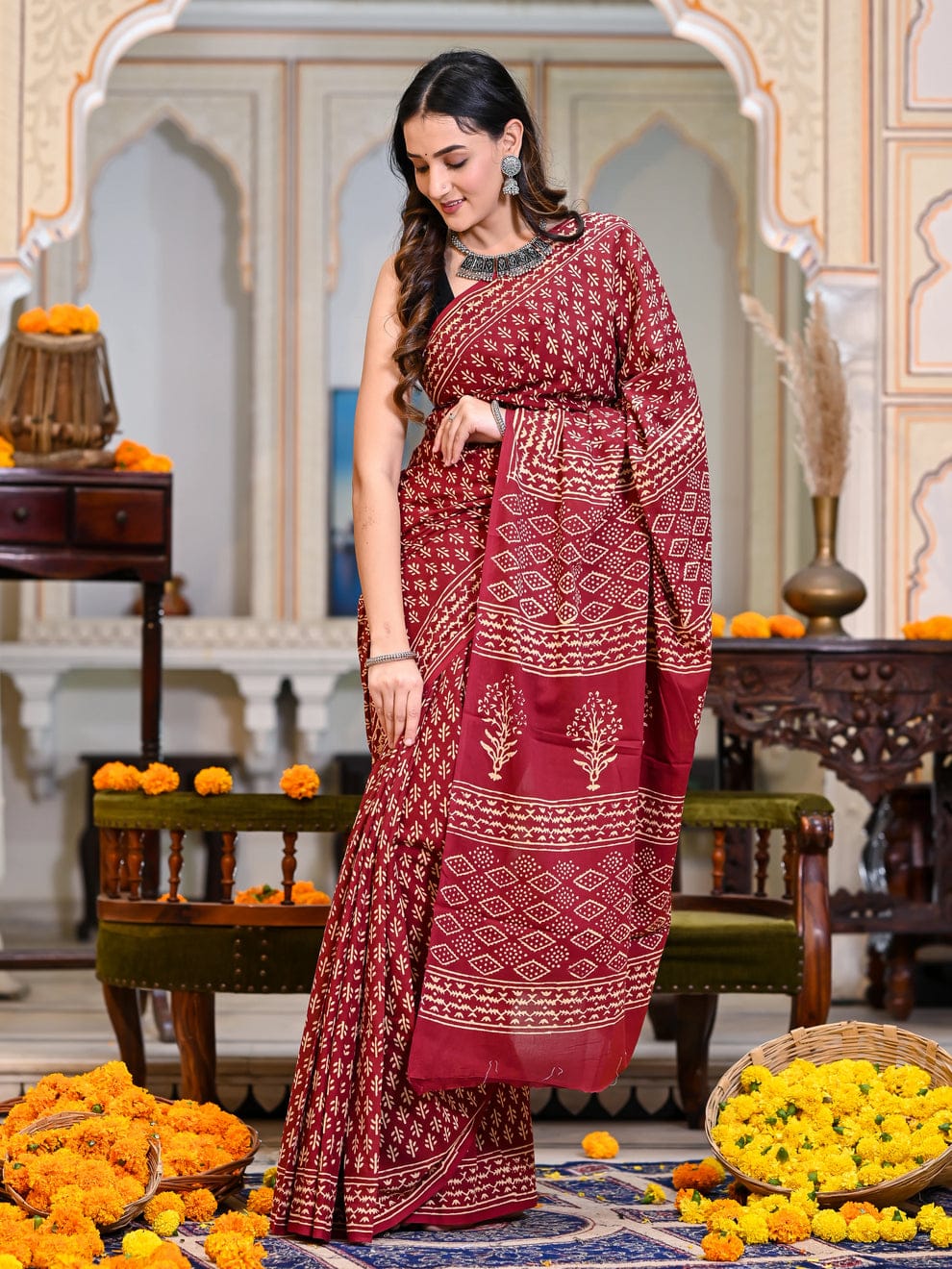 New One Minute Ready To Wear  Pure Soft Linen Silk Digital Printed Reddish Maroon Saree With Same Model Unstiched Blouse