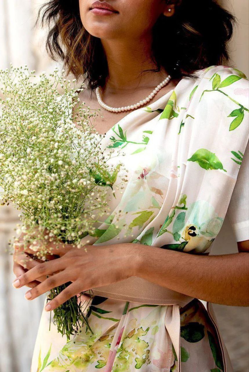 New Designer Original Japan Satin Leaf Flower Printed White Saree With Digital Printed Unstiched Blouse Piece