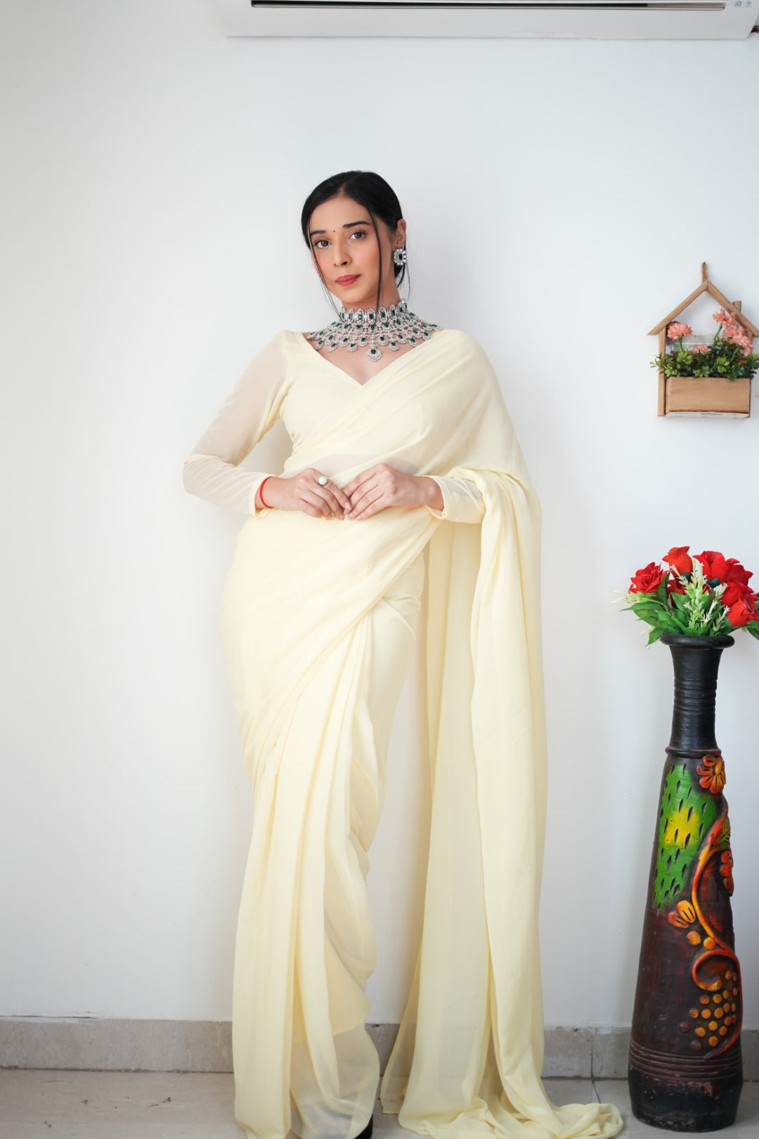 New One Minute Ready Wear Pastel Yellow Georgette Saree