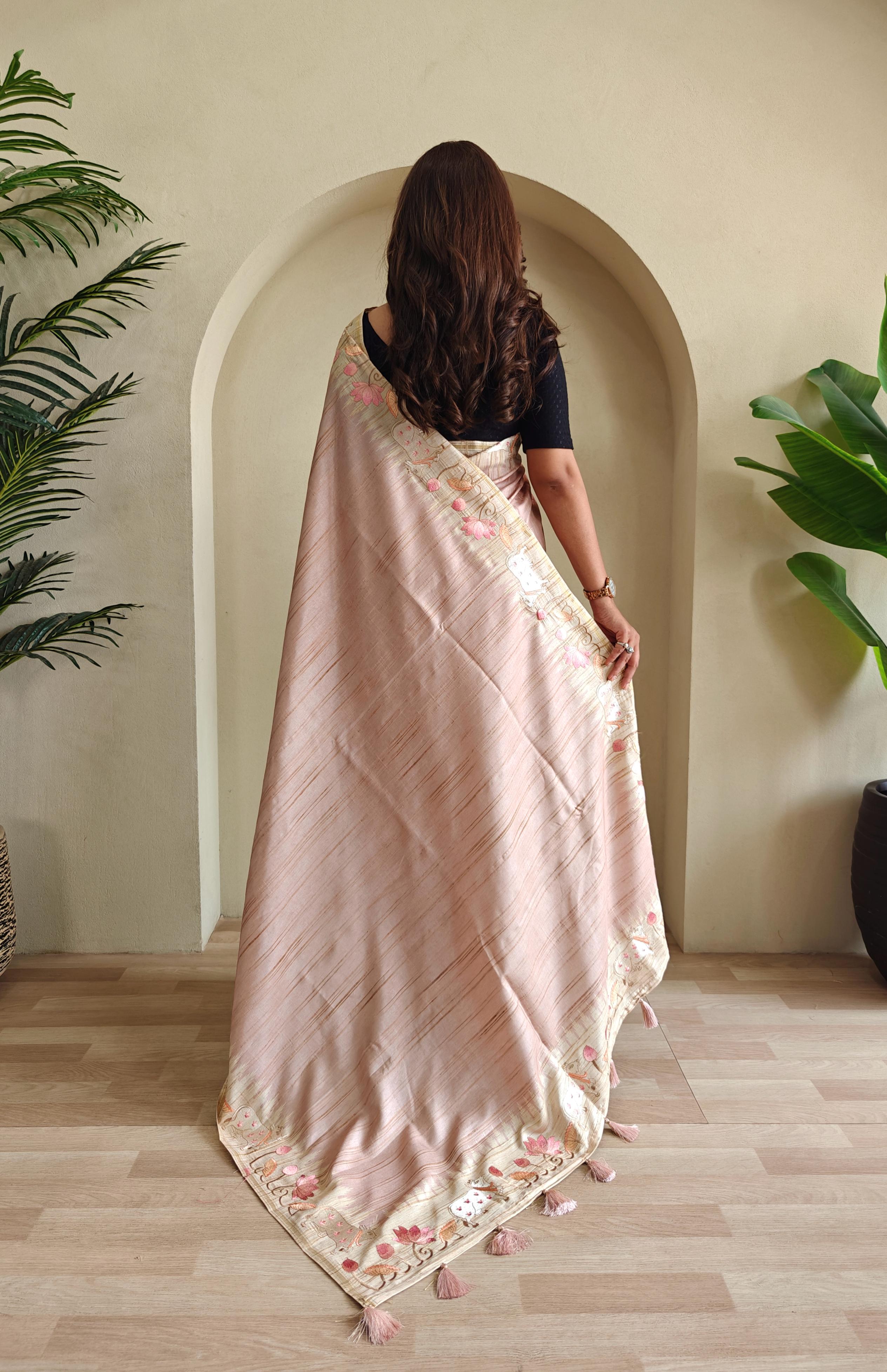 New Designer Premium Pure Loom Tusser Rusty Pink Saree With All Over Pichwai Style Embroidery Pattern and Pallu With Tassles Along With Unstiched Blouse Piece