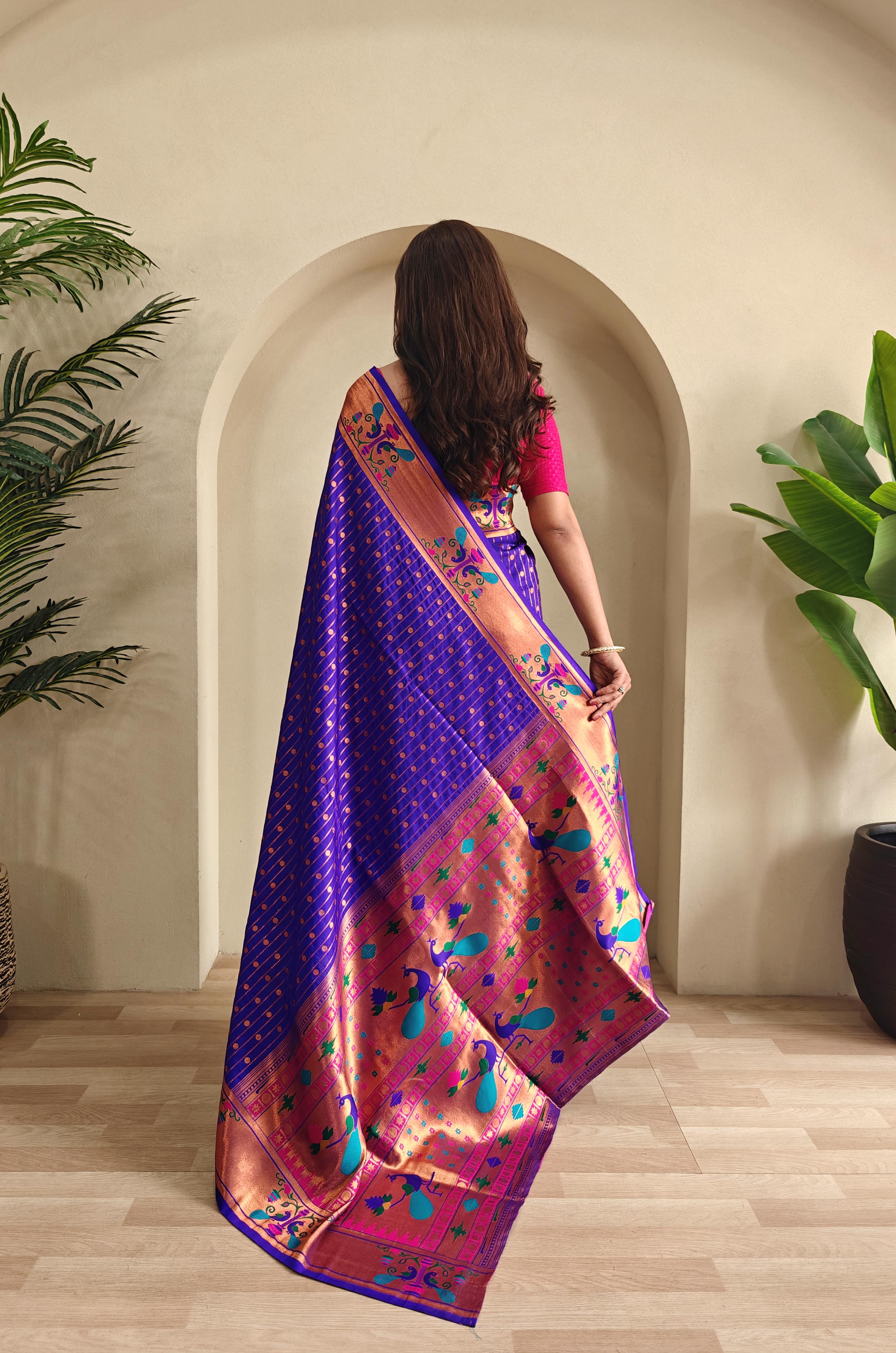 New Designer Premium Paithani Dark Purple Saree With Rich Weaved Paithani Pallu Along With All Over Polka Design With Contrast Unstiched Blouse Piece