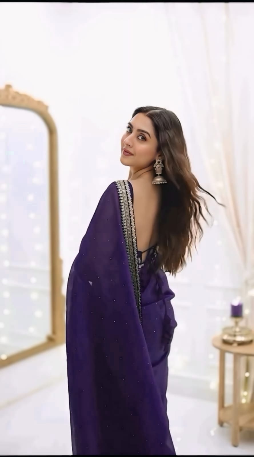 New One Minute Ready To Wear Pure Soft Organza Silk Dark Purple Saree With Beautiful Diamond Work All Over The Saree Handwork With Same Colour Stiched Blouse