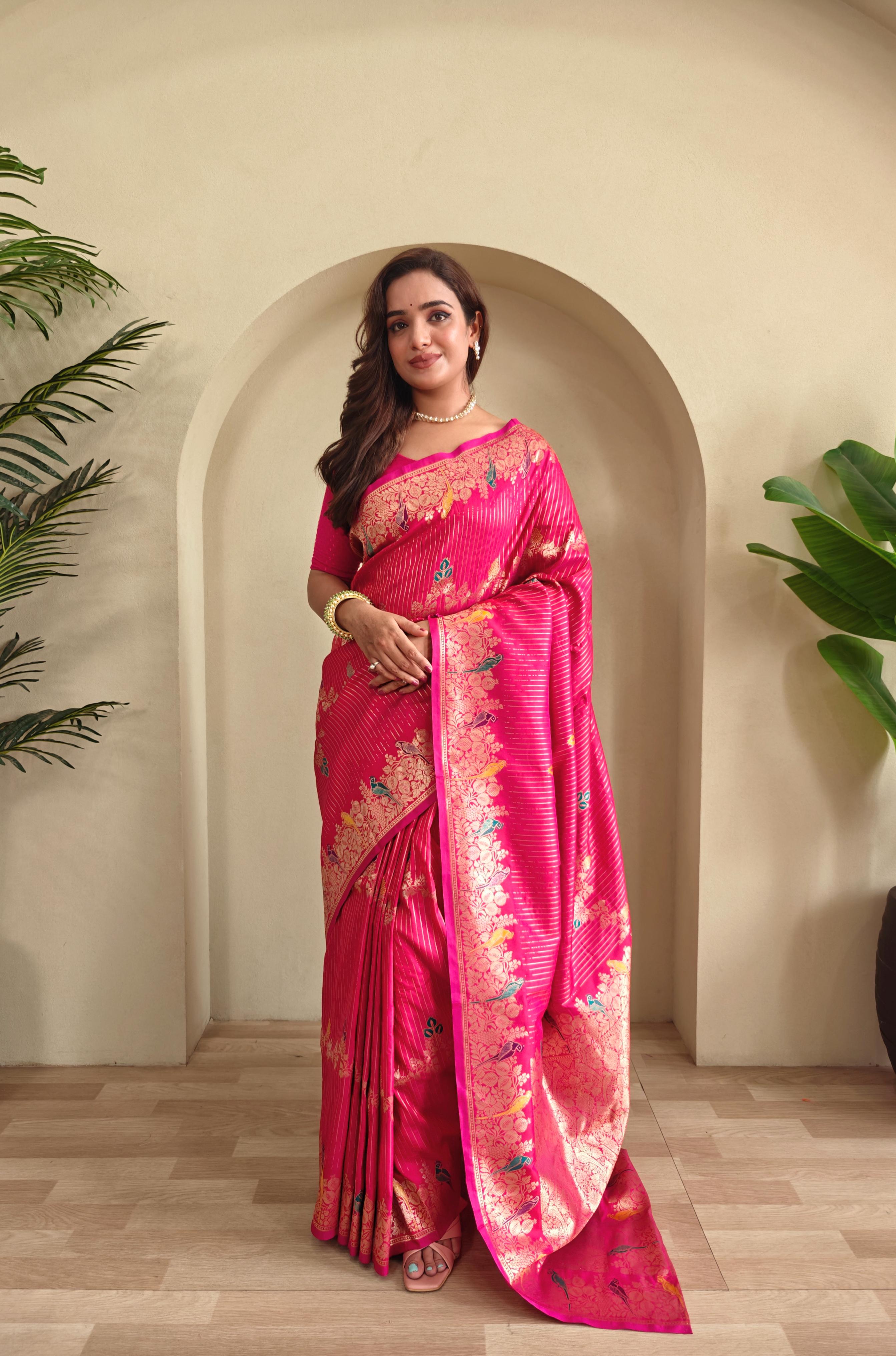 New Designer Banarasi Mushro Satin Silk Zari Weaved Pink Saree With Unstiched Blouse Piece