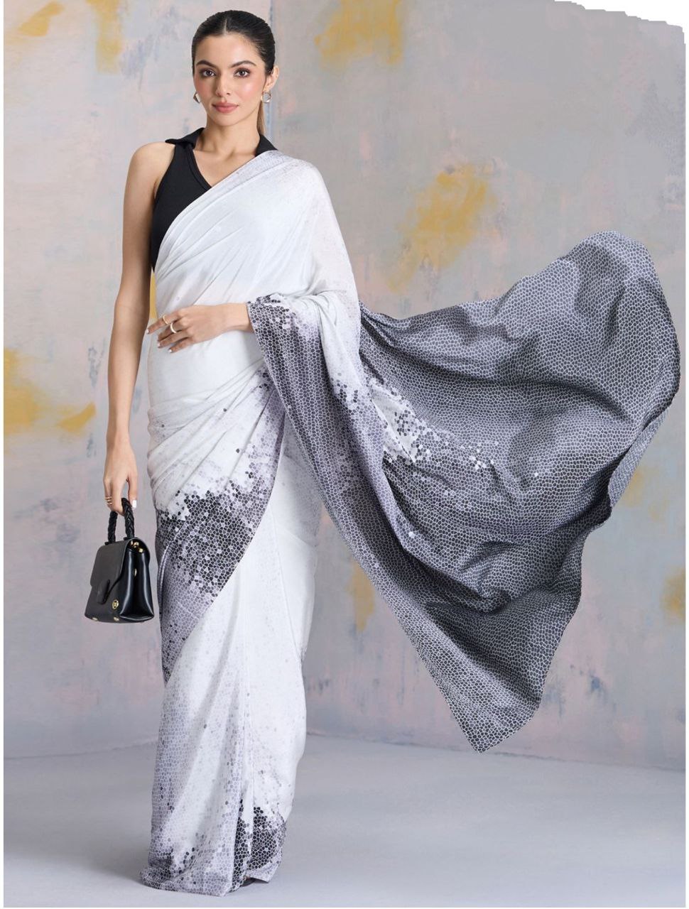 New Designer Premium Party Wear Digital Printed White-Grey Saree