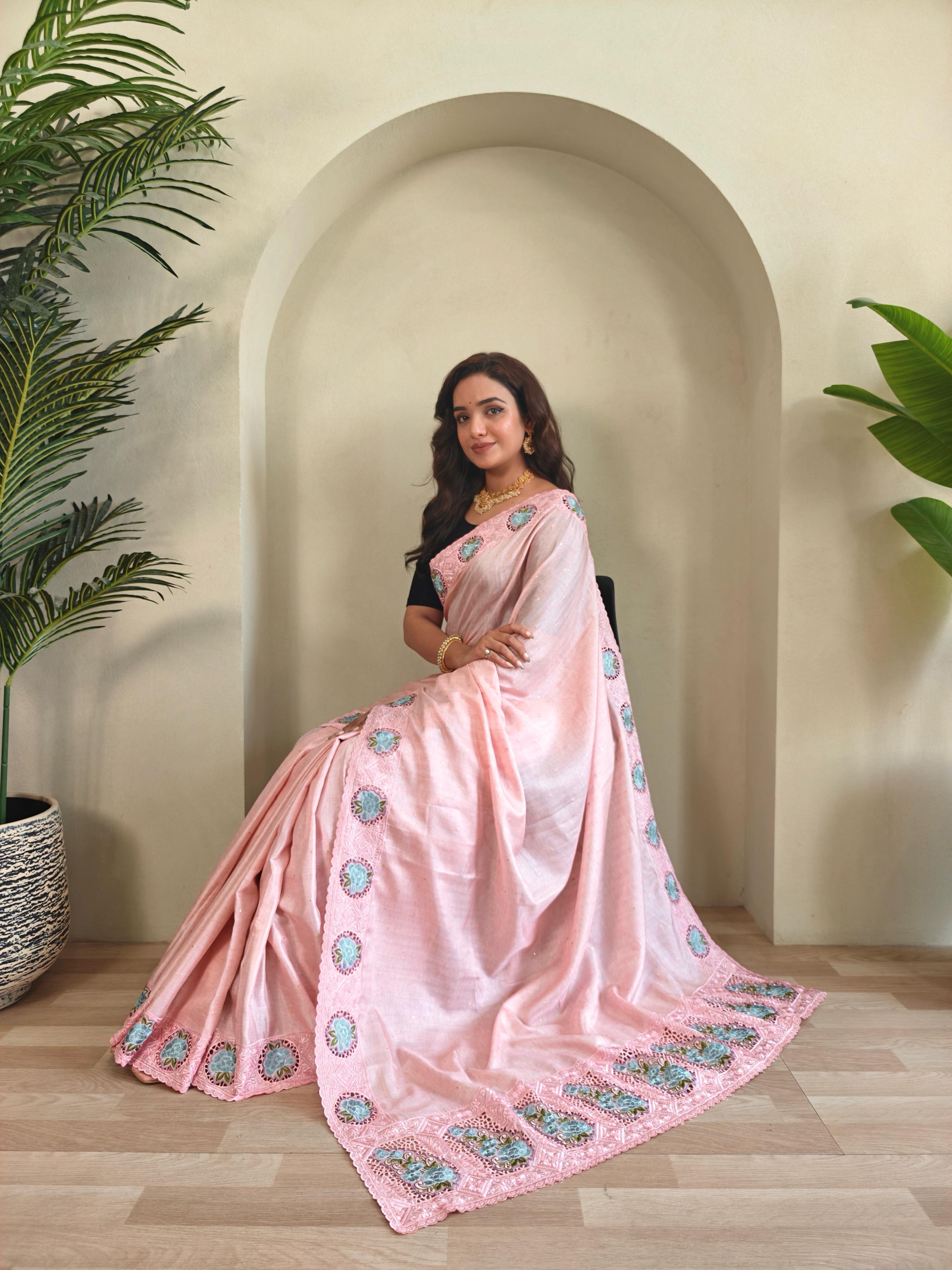 New Designer Soft Tussur Silk Pastel Pink With Super Fine Embroidered Pattern With Running Unstiched Blouse Piece