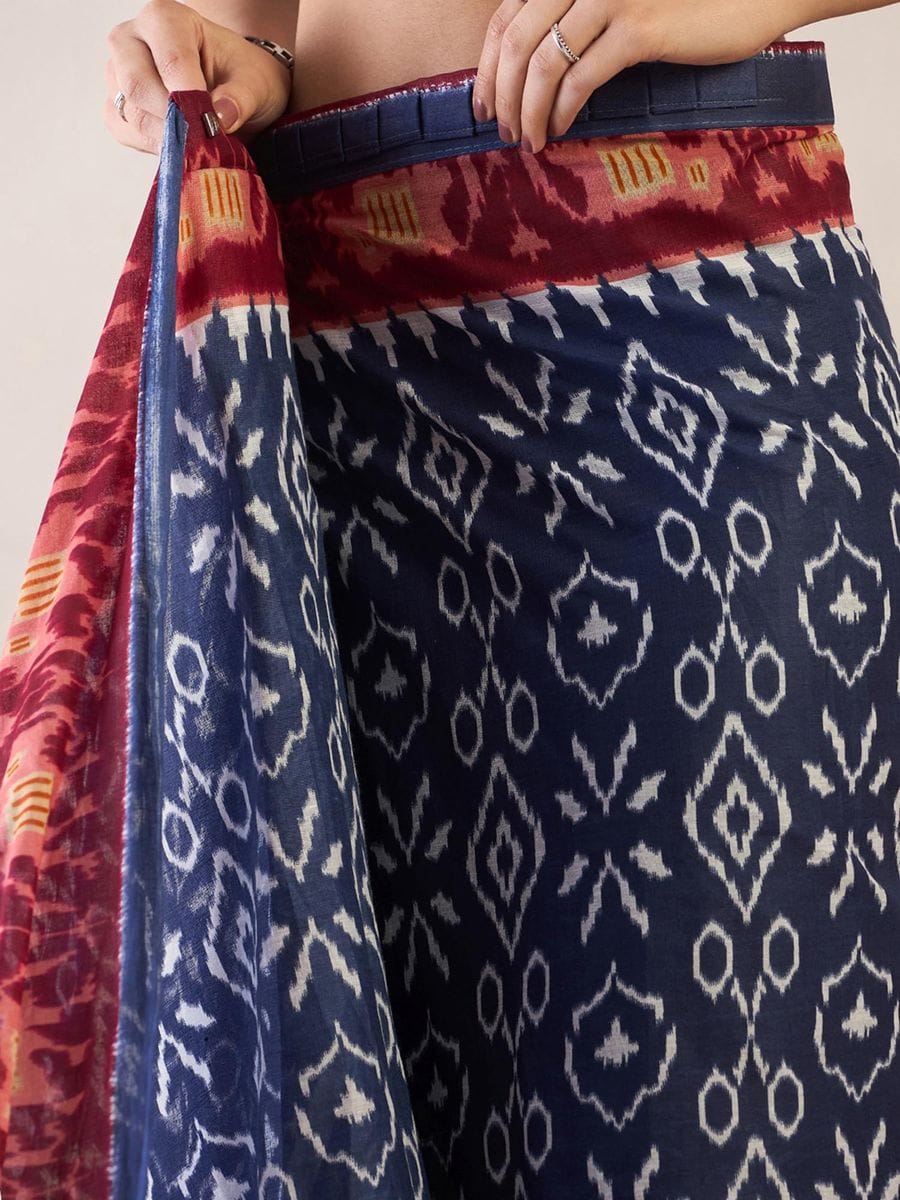 New One Minute Ready To Wear Flower Designed Pure Soft Mul Cotton Silk Navy Blue Saree With  Pocket Along With Same Model  Unstiched Blouse Piece