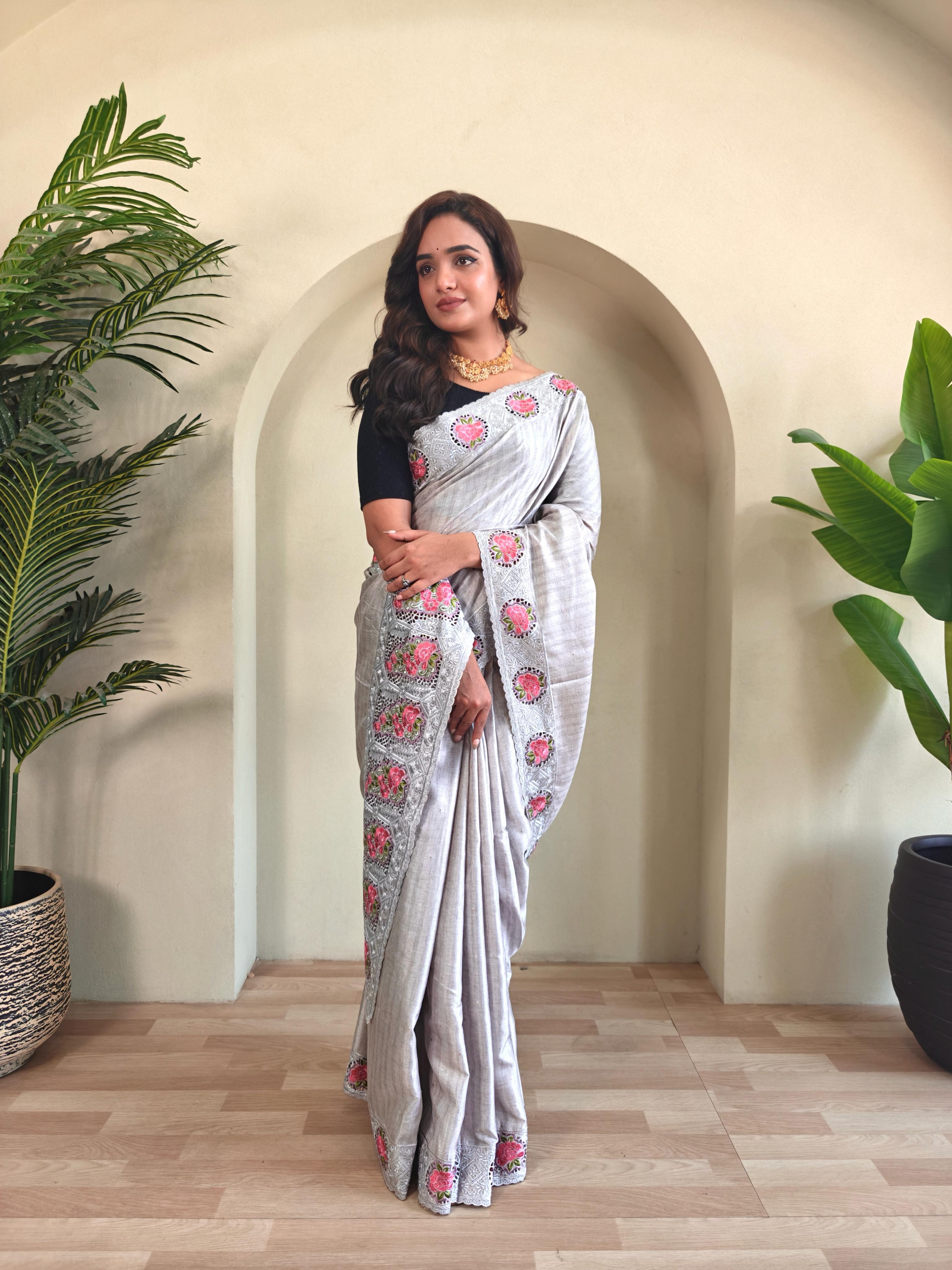 New Designer Soft Tussur Silk Grey Saree With Super Fine Embroidered Pattern With Running Unstiched Blouse Piece